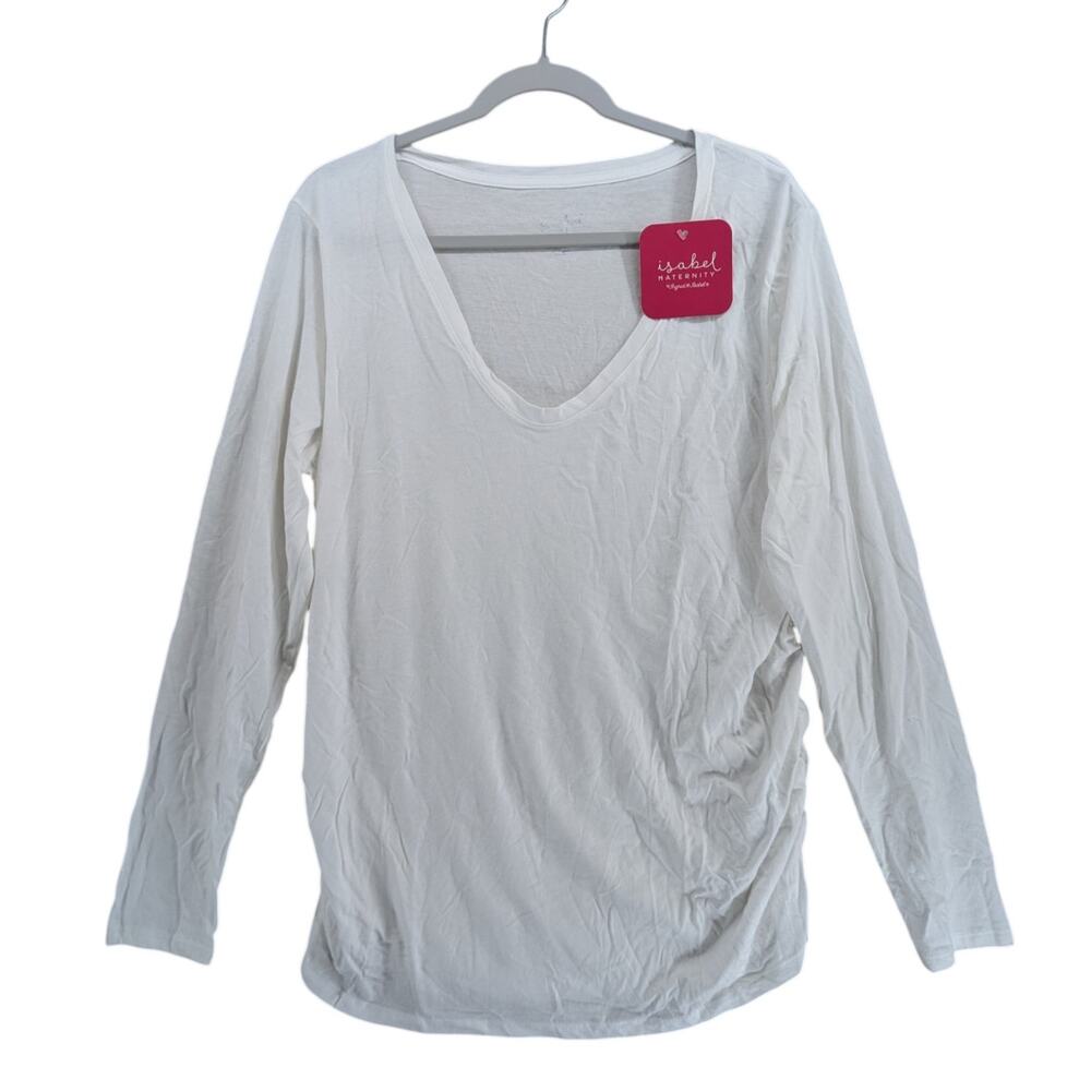 Ingrid & Isabel White Maternity Top Long Sleeve Shirred Solid TShirt XXL V-Neck